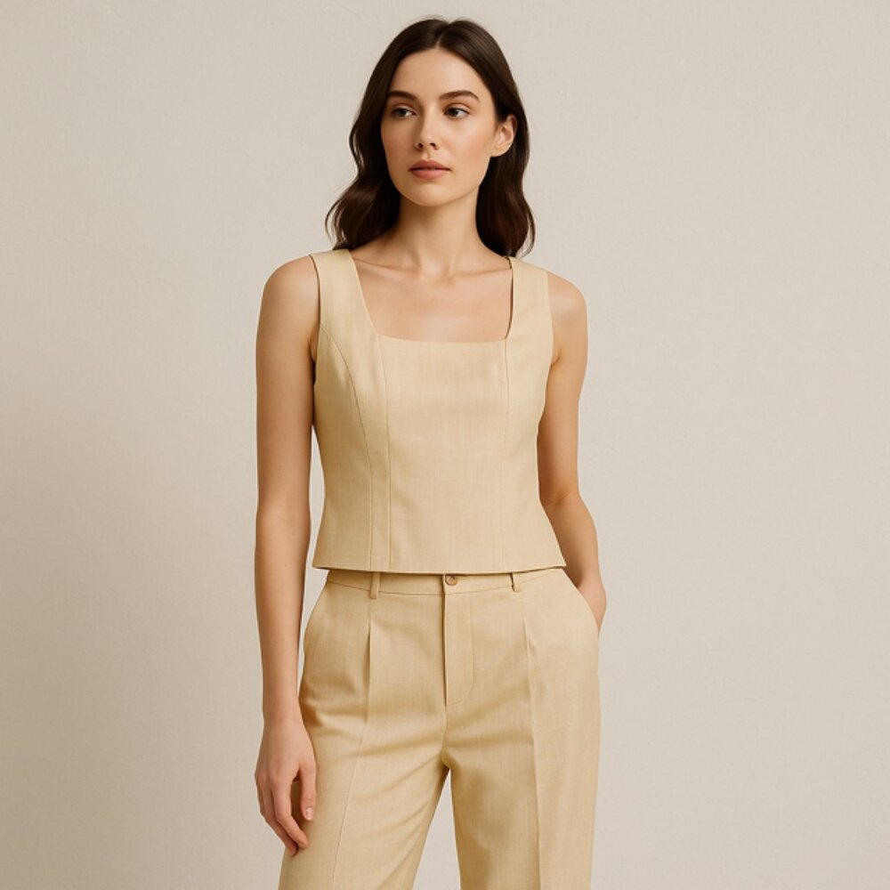 Linen Two-Piece Suit – Yellow Beige – Sleeveless Top & Pants Set (Size M)